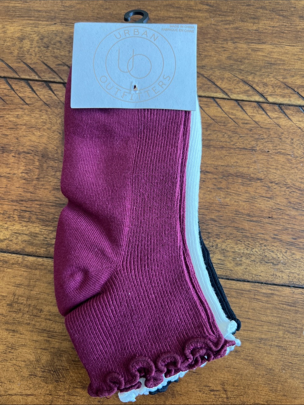 Urban Outfitters Ribbed Crew Socks Trio in Burgundy, Cream & Black